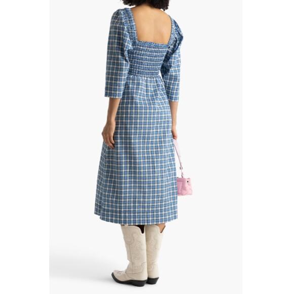 NWT Ganni Shirred Checked Cotton-blend Seersucker Midi Dress Blue DE 42 US 12 - Picture 3 of 10
